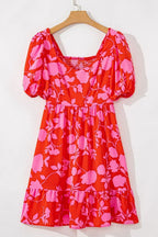 Floral Puff Sleeve Sweetheart Neck Ruffled Mini Dress - Piña Colada
