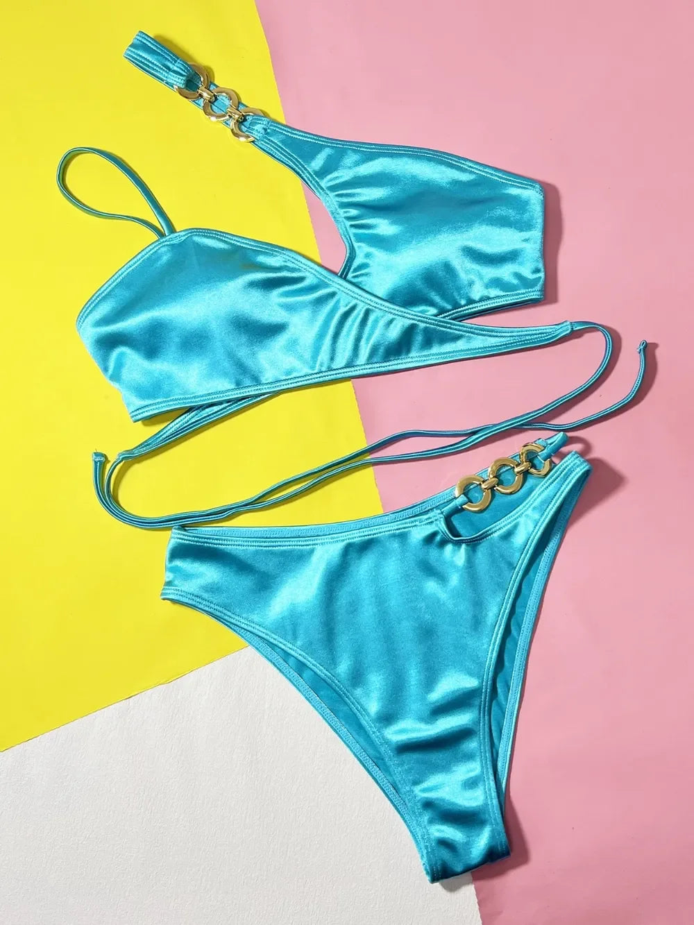 Chain Detail Crisscross Bikini Set - Piña Colada