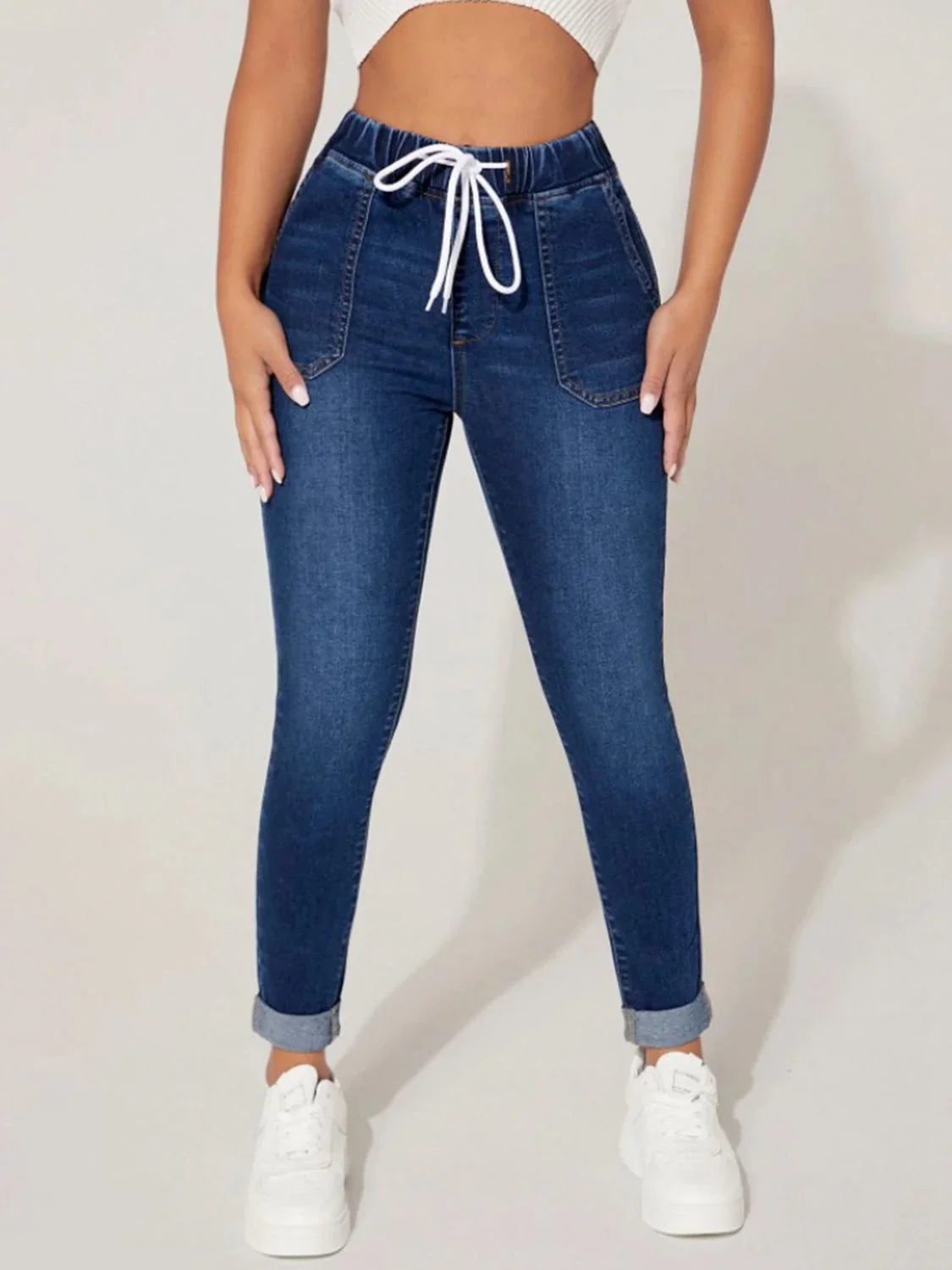 Drawstring Cropped Jeans - Piña Colada