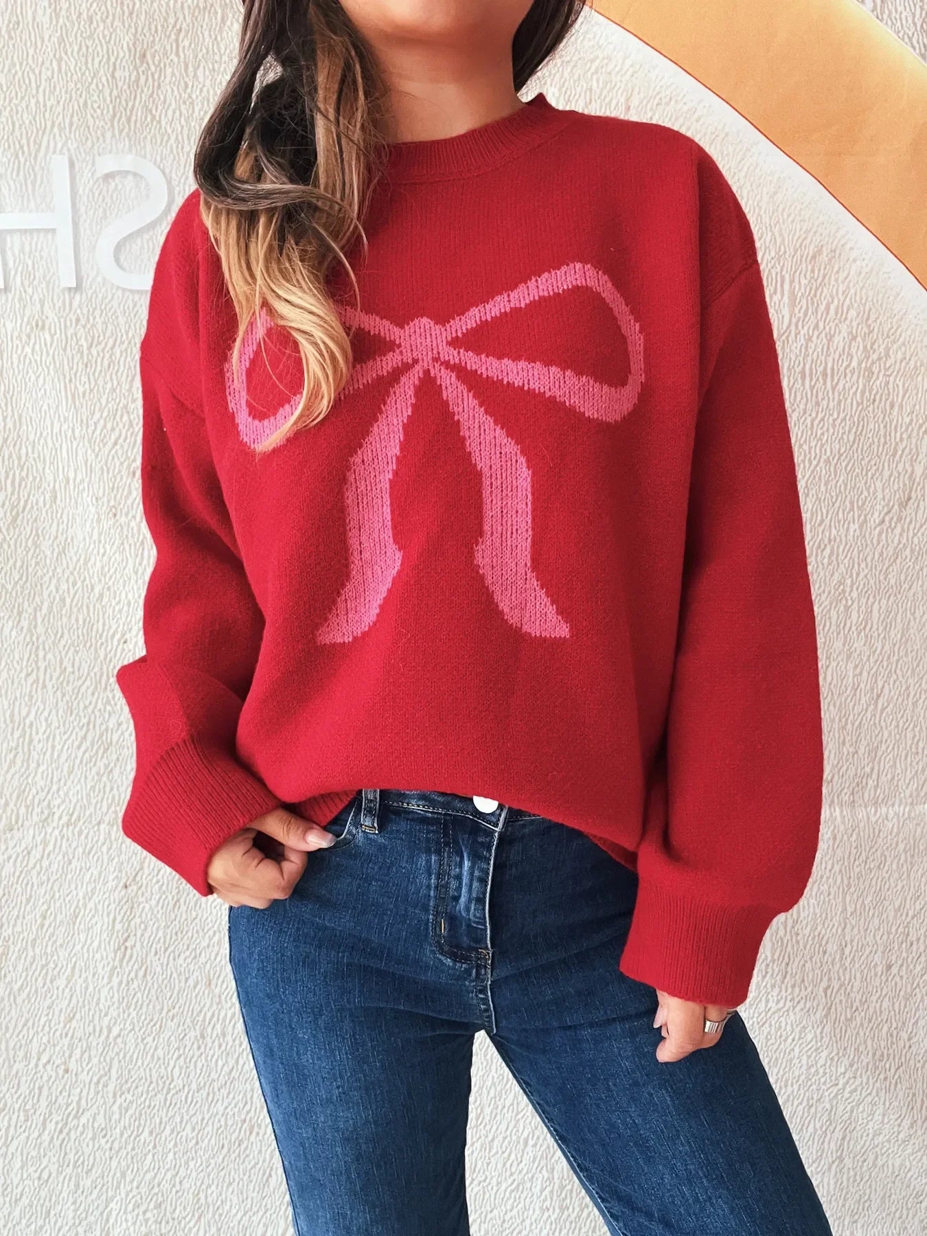 Bow Pattern Casual Long Sleeve Sweater - Piña Colada