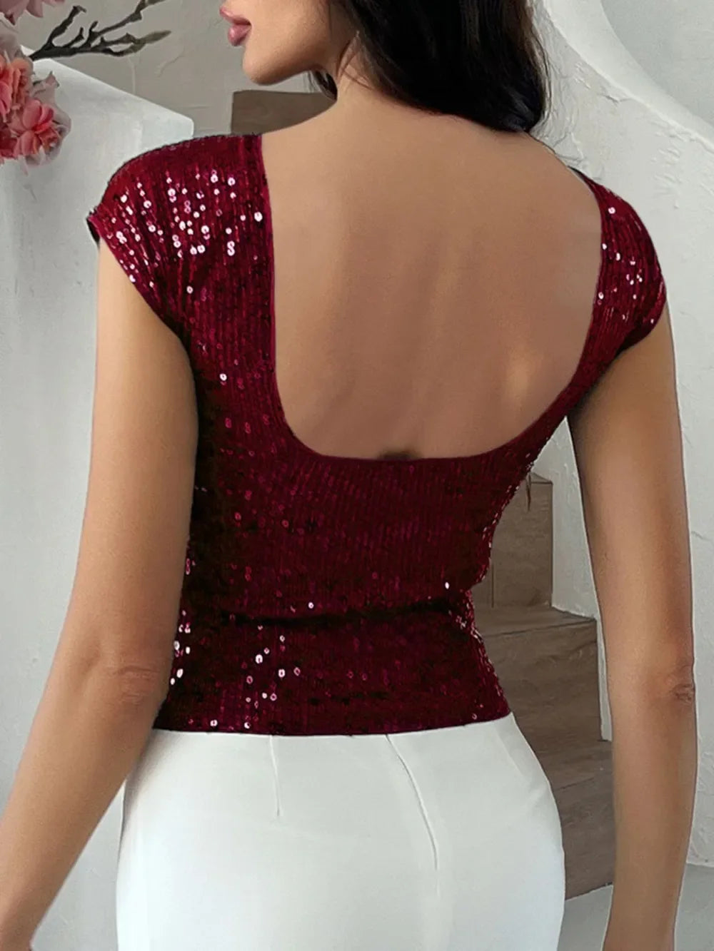 Devine Sequin Round Neck Backless T-Shirt - Piña Colada