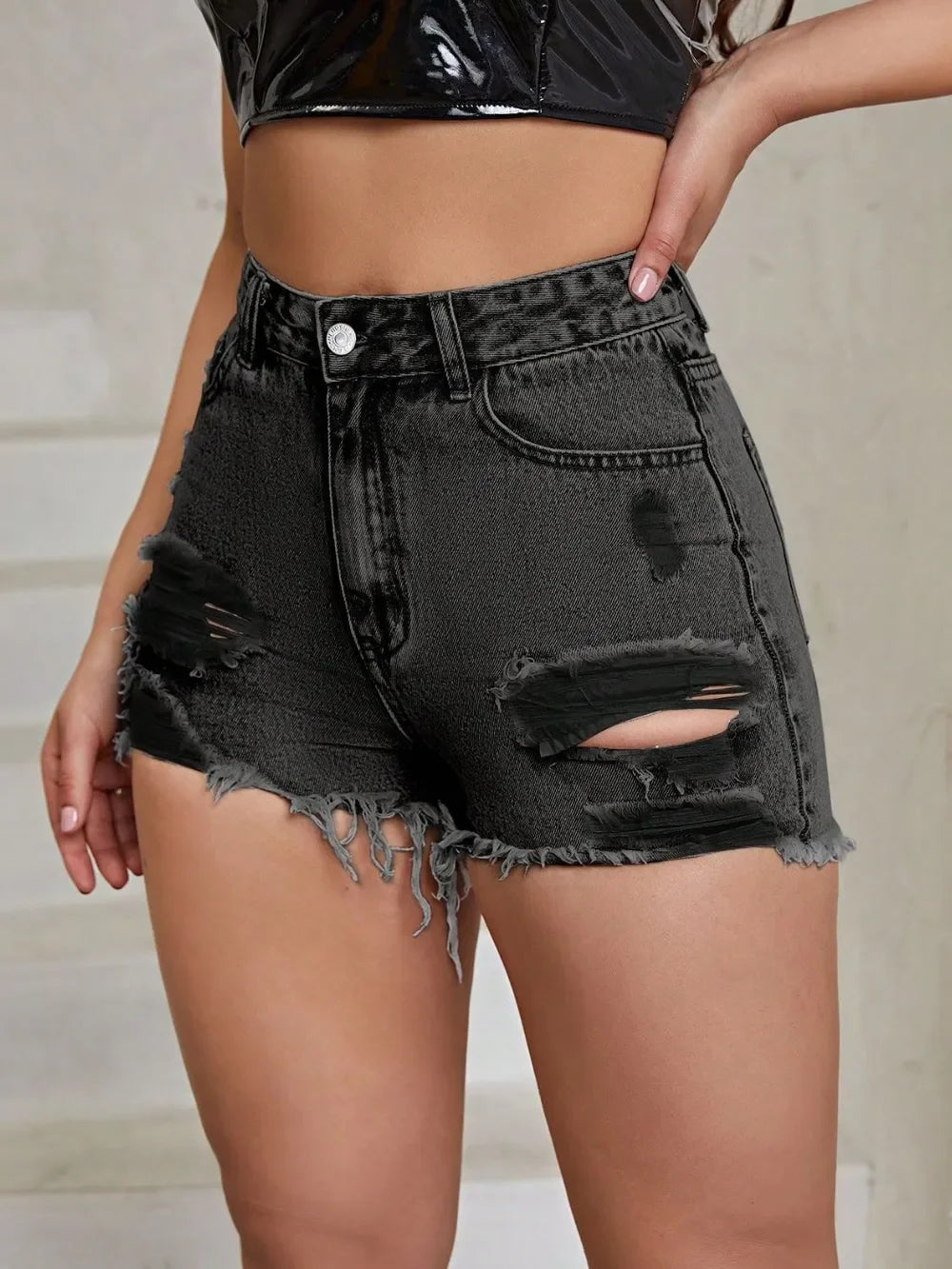 Distressed Raw Hem High Rise Denim Shorts - Piña Colada