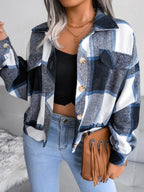 Plaid Collared Neck Long Sleeve Jacket - Piña Colada