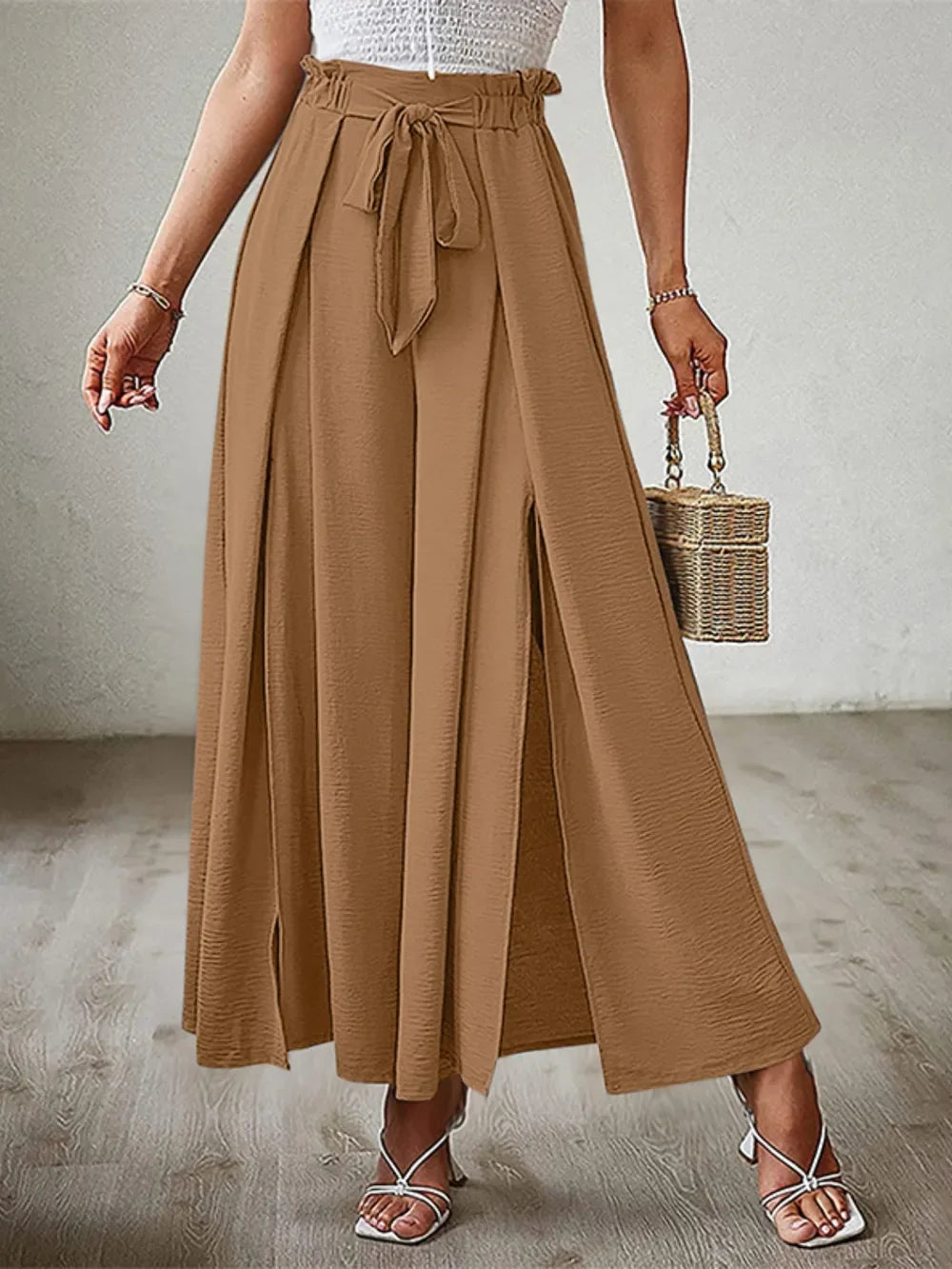Tied Slit Wide Leg Pants - Piña Colada