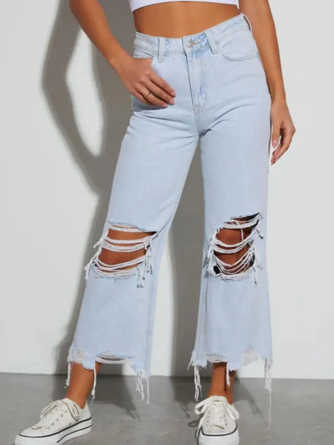 Distressed Raw Hem Jeans - Piña Colada