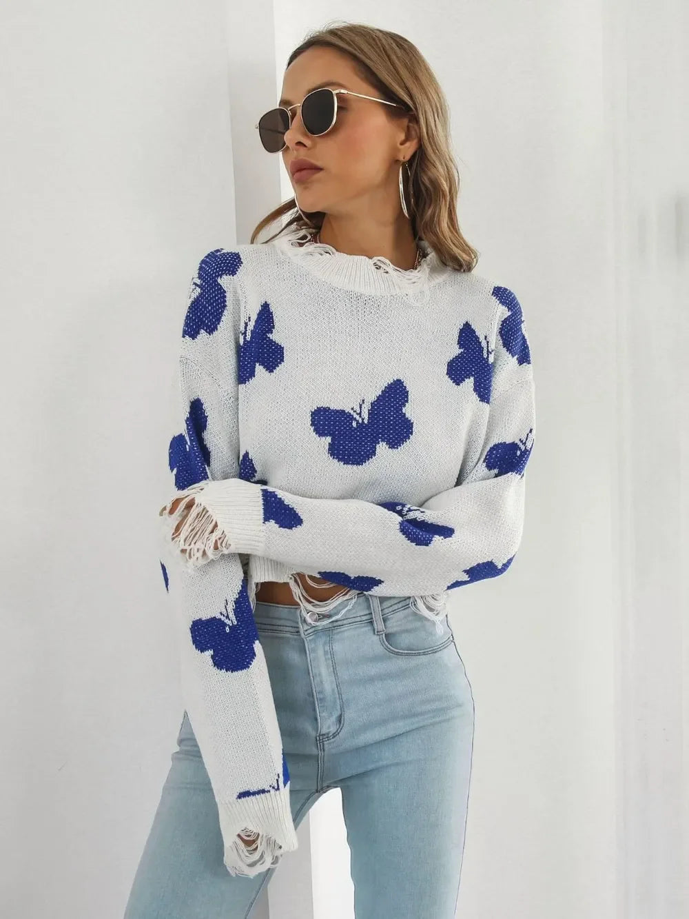 Distressed Butterfly Cropped Sweater - Piña Colada