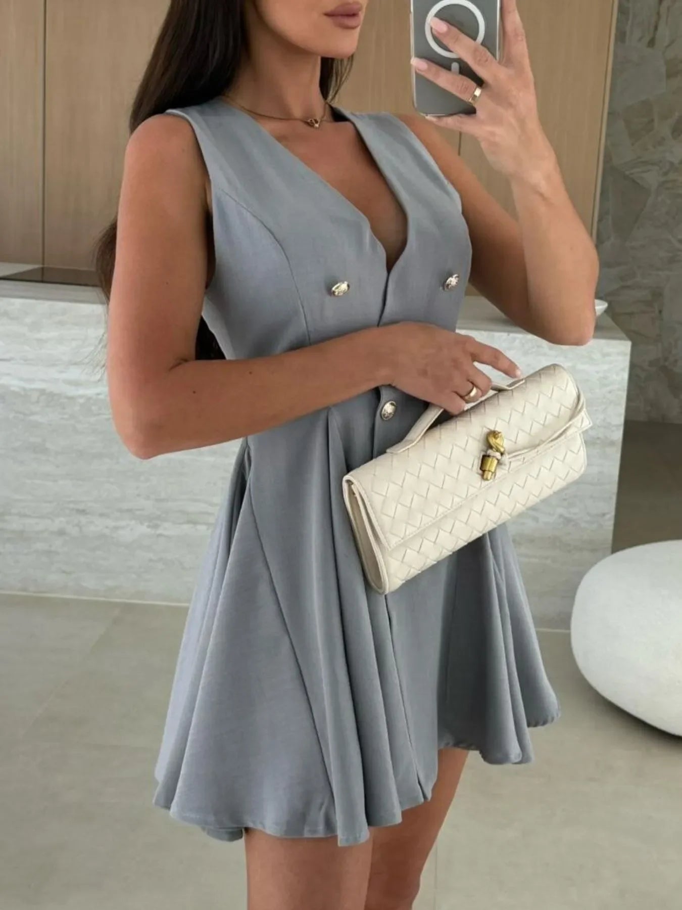 Sleeveless Double-Breasted Mini Dress - Piña Colada