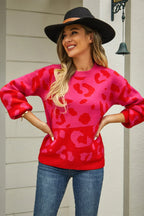 Angel Wings Woven Right Leopard Round Neck Dropped Shoulder Sweater - Piña Colada