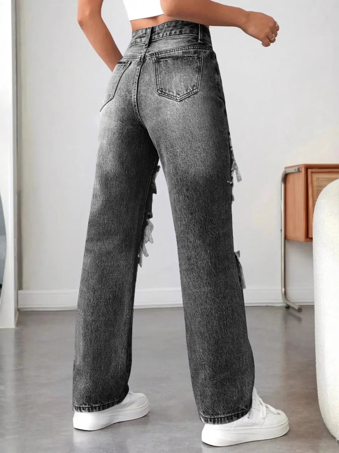 Distressed High Waisted Jeans - Piña Colada