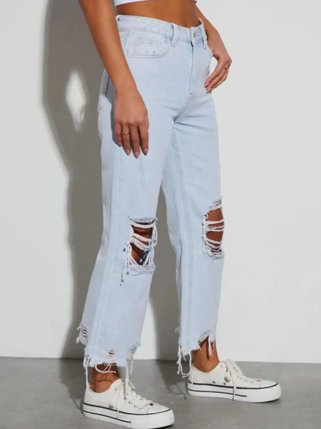 Distressed Raw Hem Jeans - Piña Colada