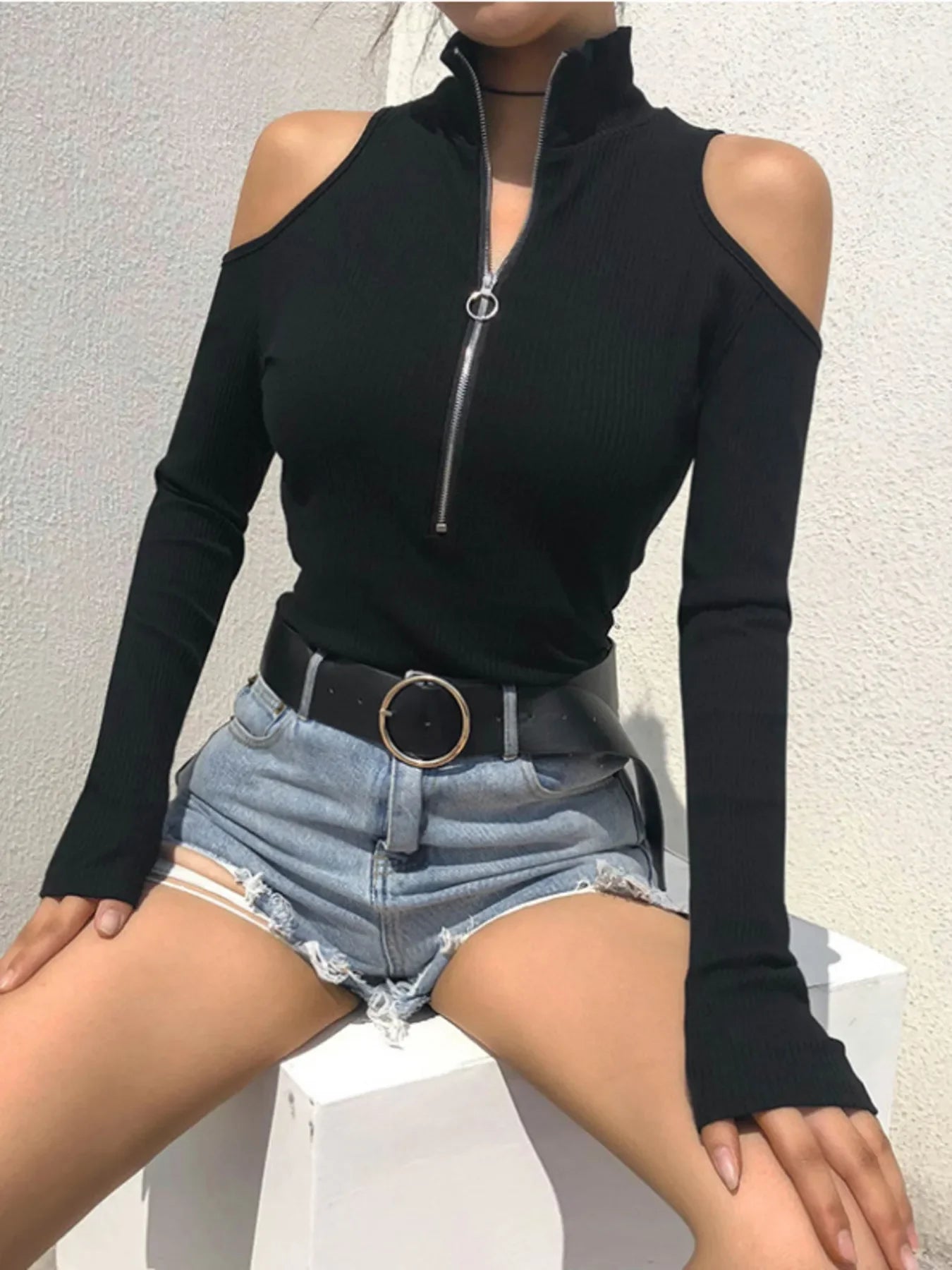 Zip Front Cold Shoulder Bodysuit - Piña Colada