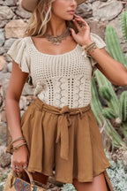 Openwork Ruffled Scoop Neck Knit Top - Piña Colada