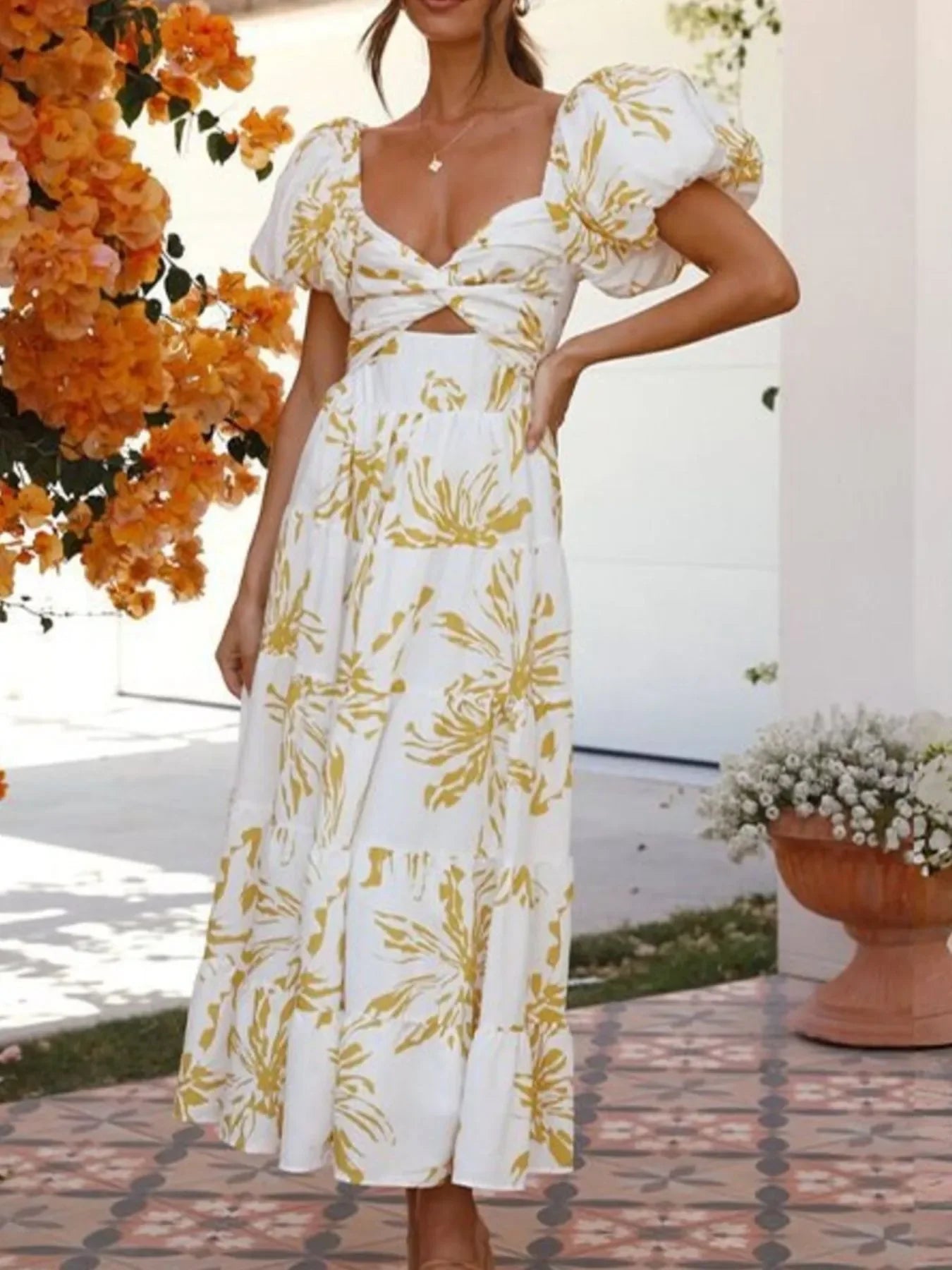 Off-Shoulder Floral Tiered Dress with Ruffle Details - Piña Colada