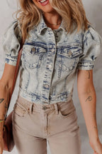 Wash Buttoned Chest Pocket Puff Sleeve Denim Jacket - Piña Colada