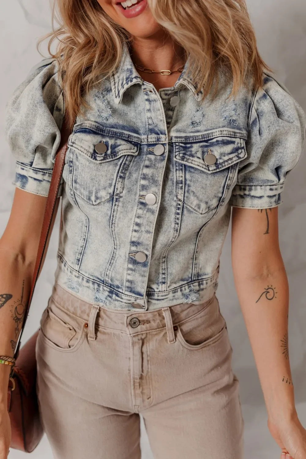Wash Buttoned Chest Pocket Puff Sleeve Denim Jacket - Piña Colada