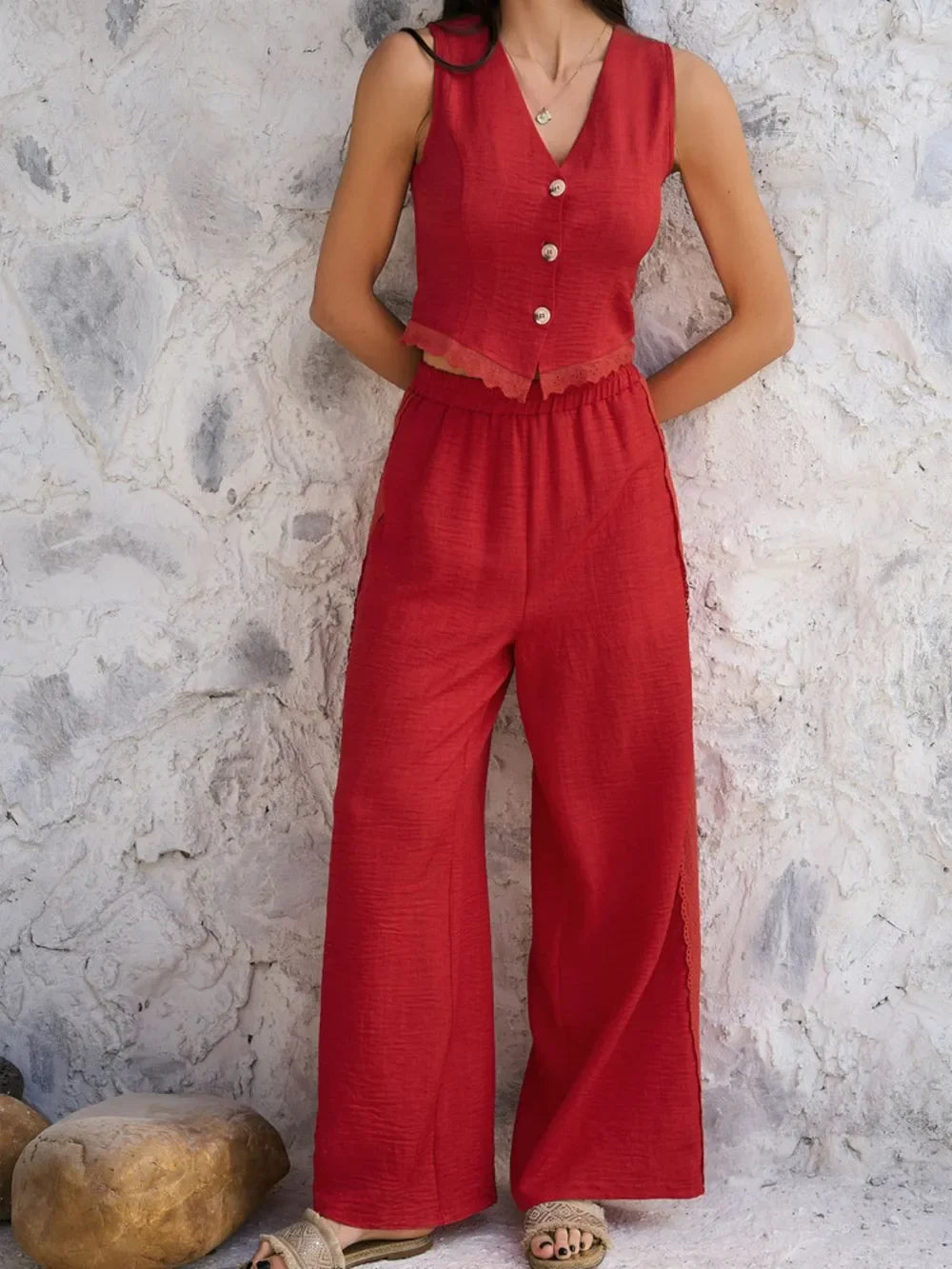 Devine Button Down Lace Detail Vest and Pants Set - Piña Colada