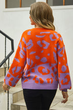 Angel Wings Woven Right Leopard Round Neck Dropped Shoulder Sweater - Piña Colada