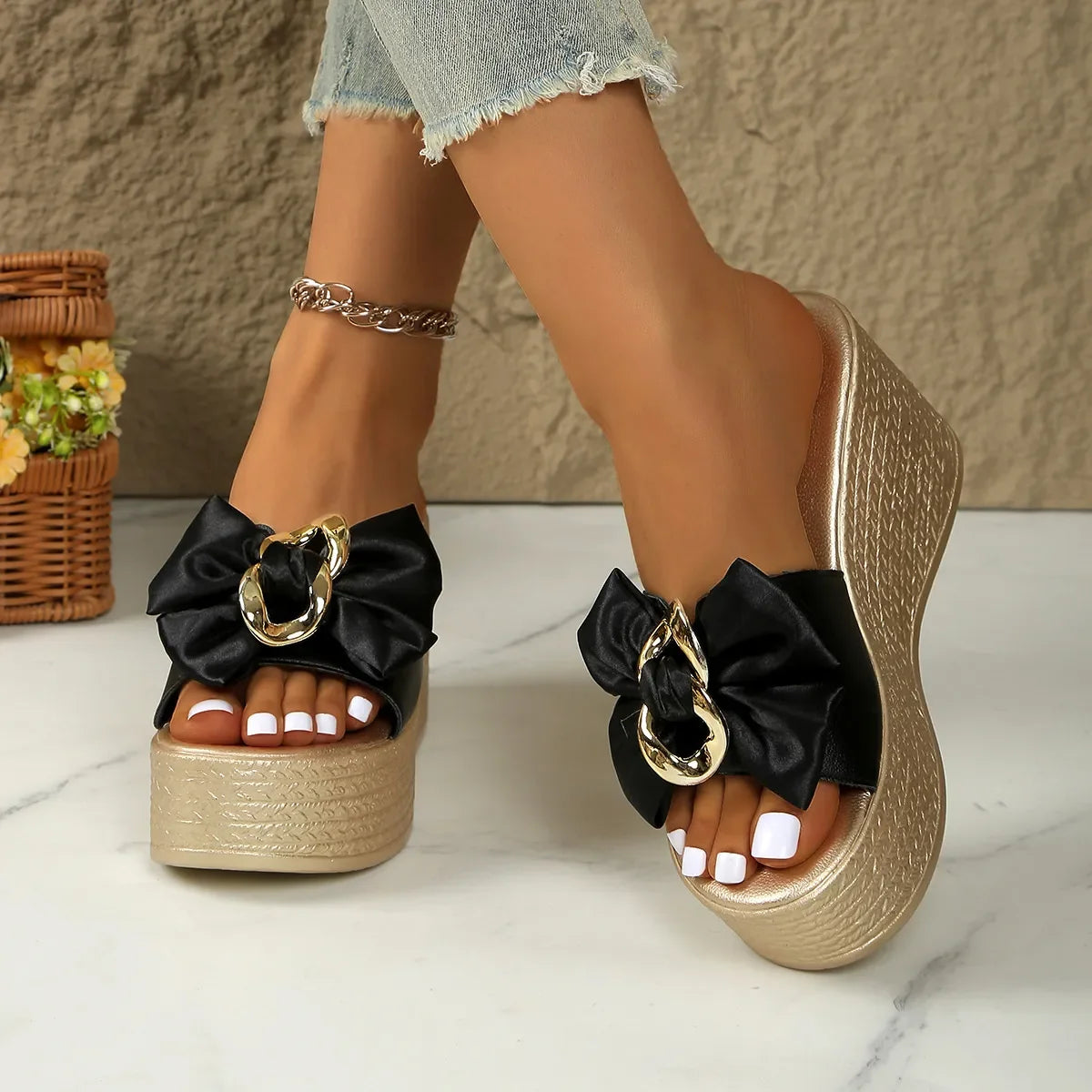 Bow Open Toe Platform Sandals - Piña Colada