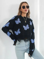 Distressed Butterfly Cropped Sweater - Piña Colada