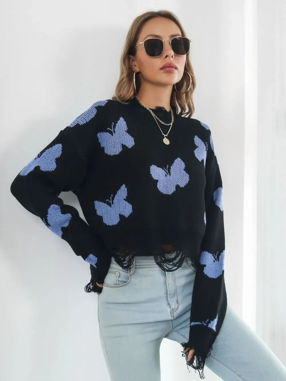 Distressed Butterfly Cropped Sweater - Piña Colada