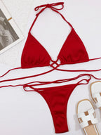 Halter Neck Crisscross Ribbed Bikini Set - Piña Colada
