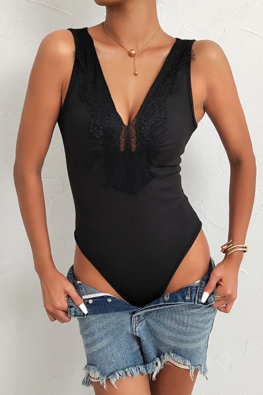 Perfee Spliced Lace Deep V Sleeveless Bodysuit - Piña Colada