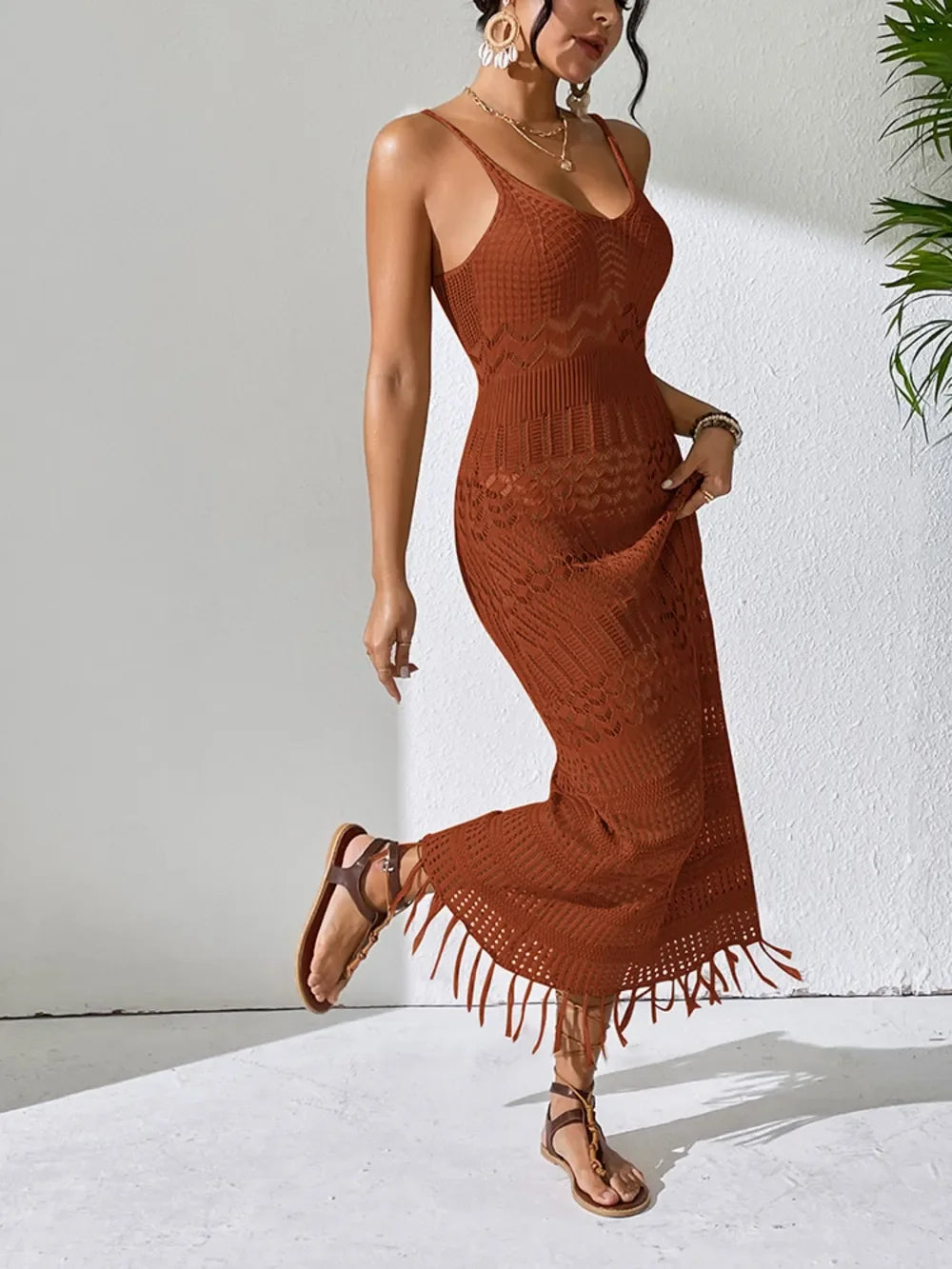 Openwork Scoop Neck Cover-Up Dress - Piña Colada