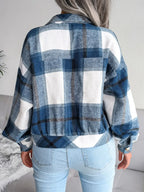 Plaid Collared Neck Long Sleeve Jacket - Piña Colada