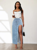 High Rise Slit Denim Skirt - Piña Colada