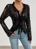 Tie Front Long Sleeve Lace Top - Piña Colada