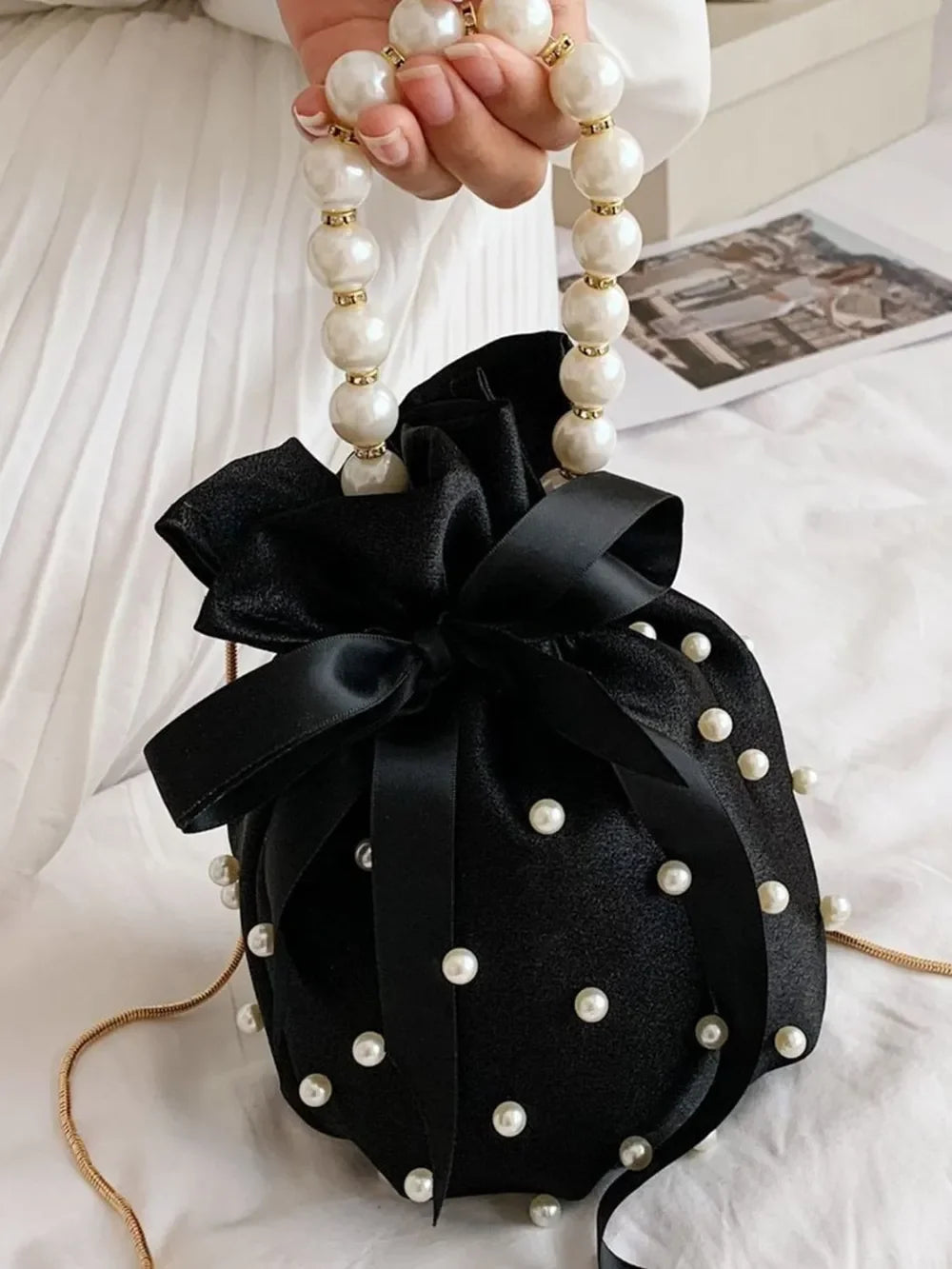 Pearl Detail Solid Color Bucket Bag - Piña Colada