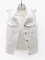 Full Size Button Down Raw Hem Sleeveless Denim Jacket Plus Size - Piña Colada