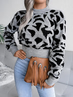 Leopard Round Neck Dropped Shoulder Sweater - Piña Colada