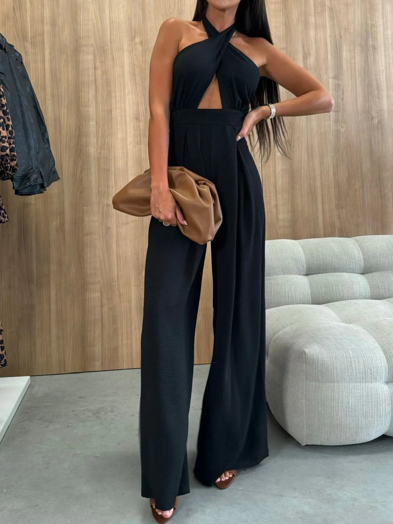 Wide Leg Cutout Halter Neck Jumpsuit - Piña Colada