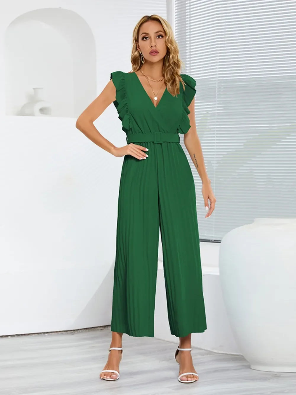 Ruffled Surplice Cap Sleeve Jumpsuit - Piña Colada