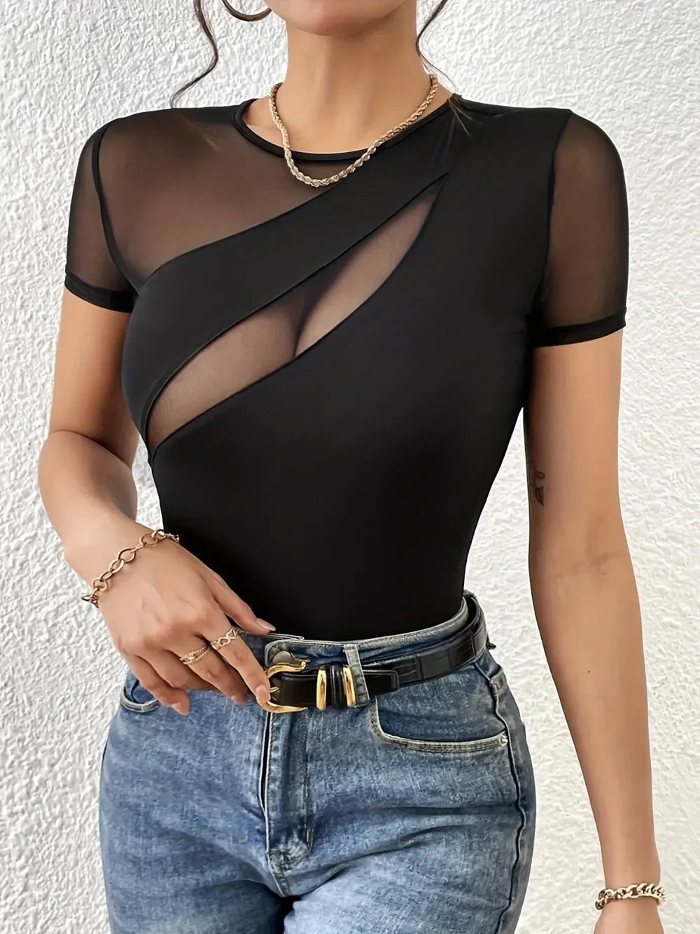 Mesh Patchwork Round Neck Short Sleeve Top - Piña Colada