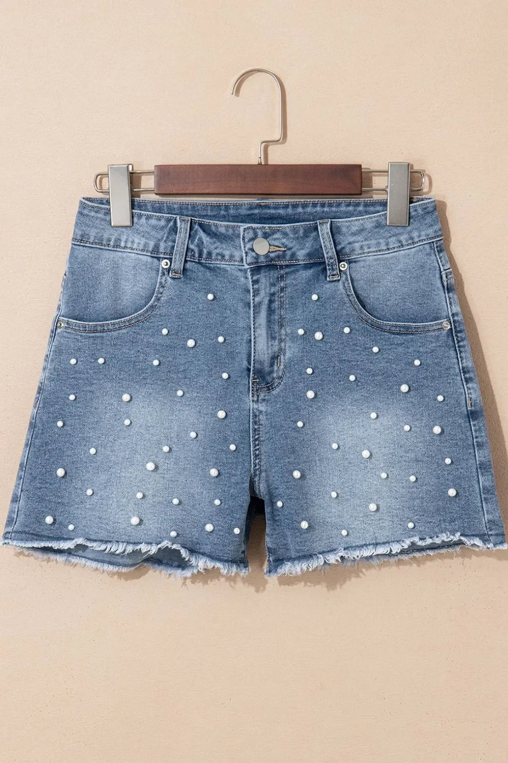Pearl Beaded Raw Hem Wash Denim Shorts - Piña Colada