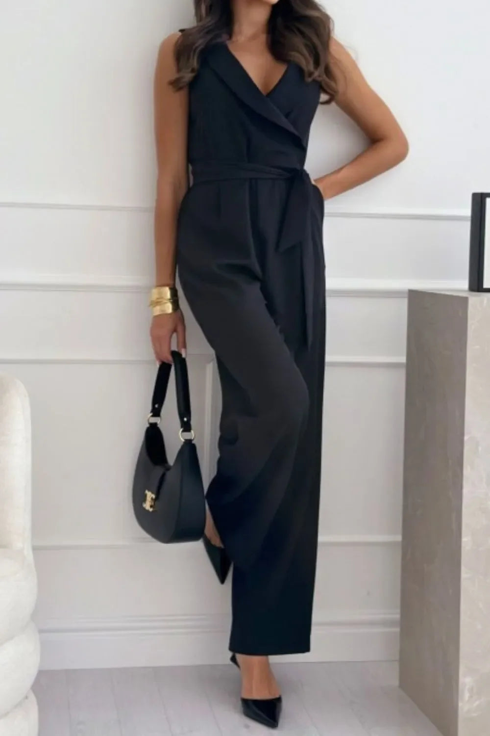 Surplice Sleeveless Wide Leg Jumpsuit - Piña Colada