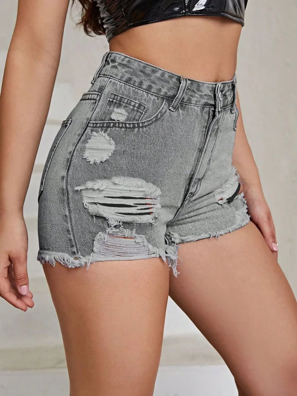 Distressed Raw Hem High Rise Denim Shorts - Piña Colada