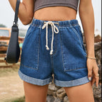 Drawstring High Waist Denim Shorts with Pockets - Piña Colada