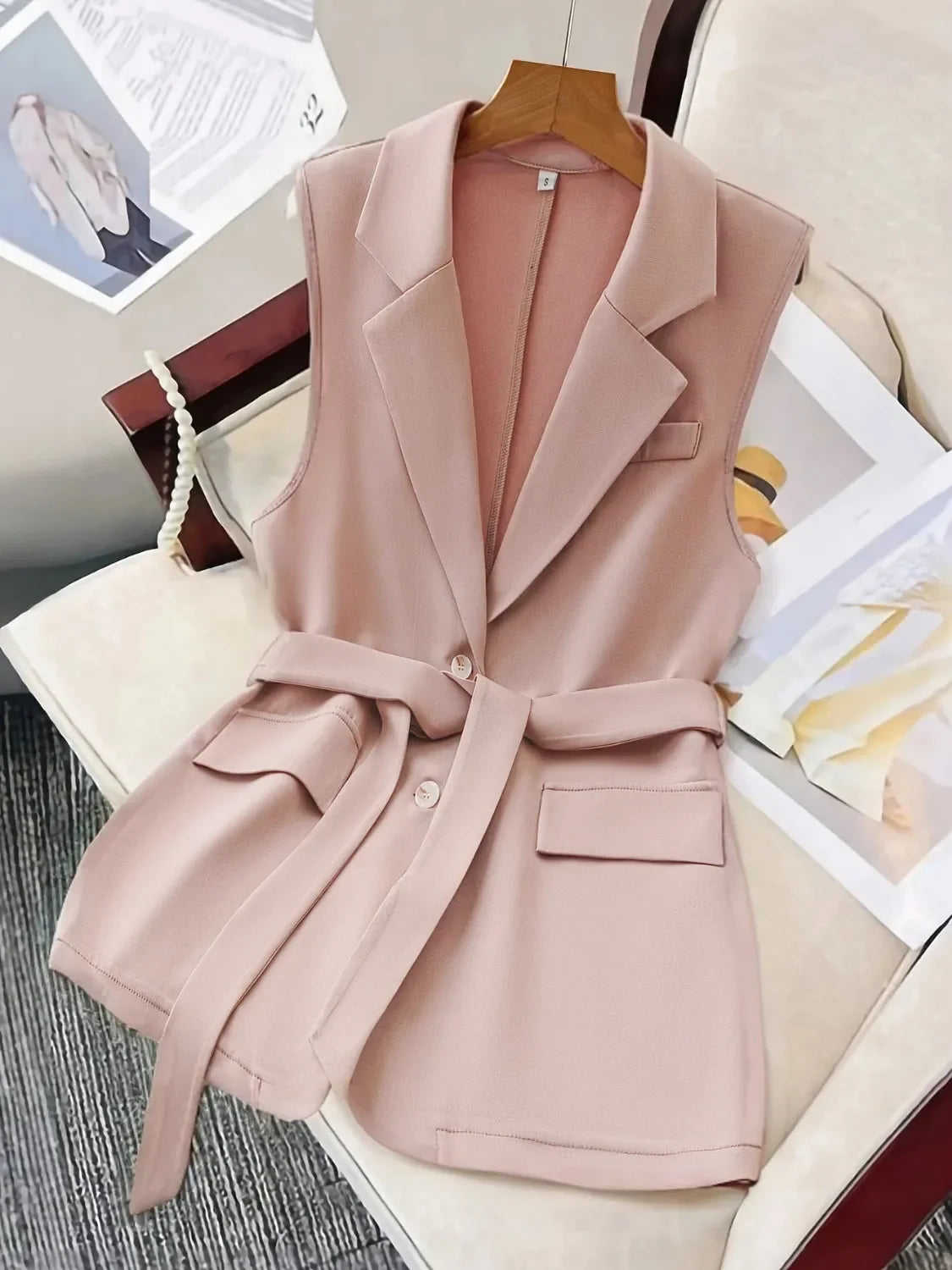 Tie Waist Lapel Collar Sleeveless Blazer - Piña Colada