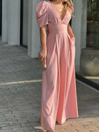 Full Size Cutout V-Neck Puff Sleeve Jumpsuit Plus Size - Piña Colada