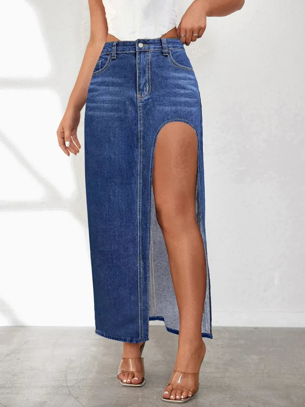 High Rise Slit Denim Skirt - Piña Colada
