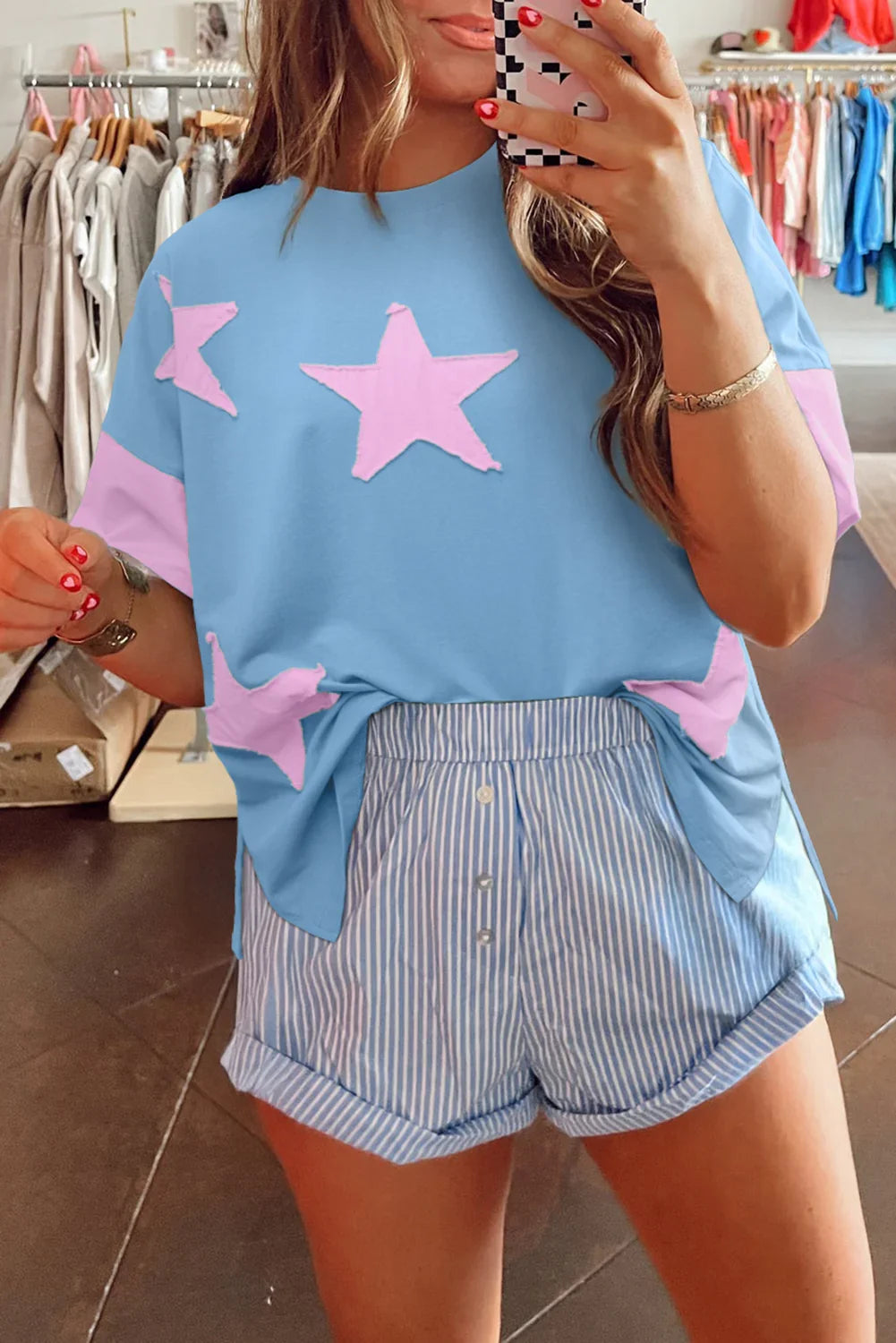Oversized Star Patch T-Shirt – Raw Hem Split Design for Women - Piña Colada