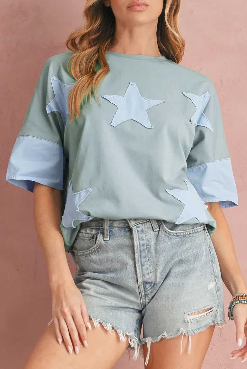 Oversized Star Patch T-Shirt – Raw Hem Split Design for Women - Piña Colada