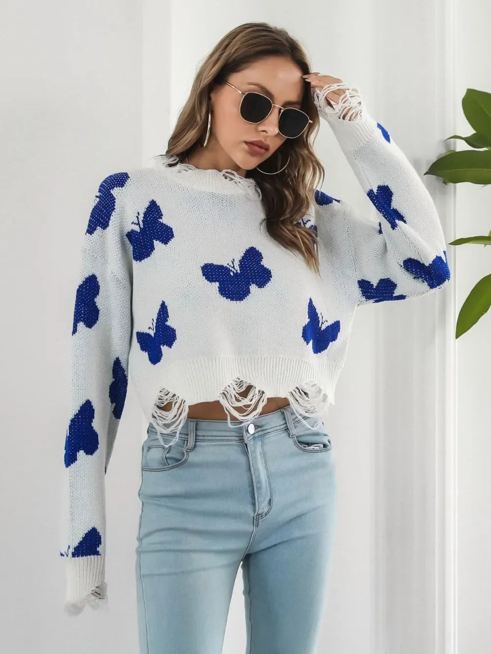 Distressed Butterfly Cropped Sweater - Piña Colada