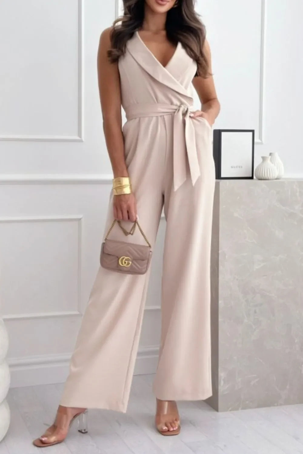 Surplice Sleeveless Wide Leg Jumpsuit - Piña Colada