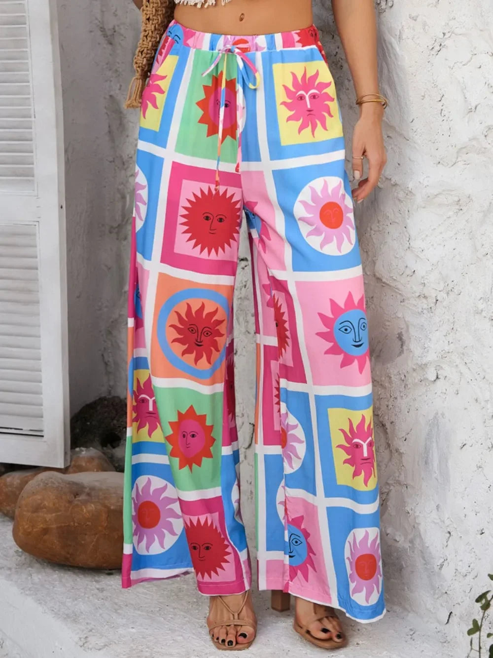 Devine Drawstring Printed Wide Leg Pants - Piña Colada