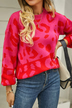 Angel Wings Woven Right Leopard Round Neck Dropped Shoulder Sweater - Piña Colada