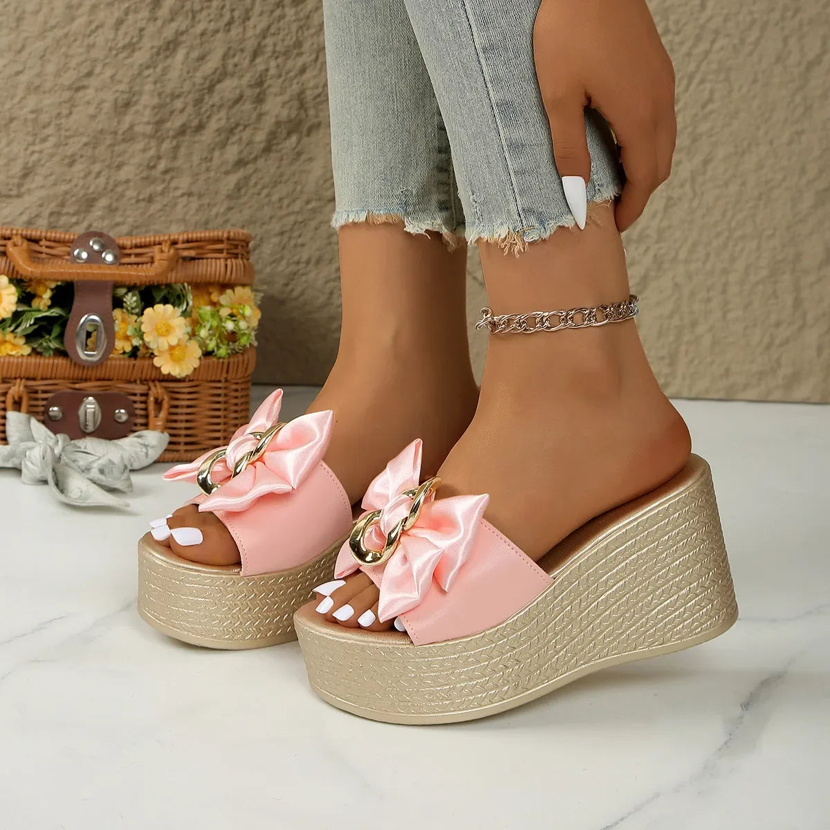 Bow Open Toe Platform Sandals - Piña Colada